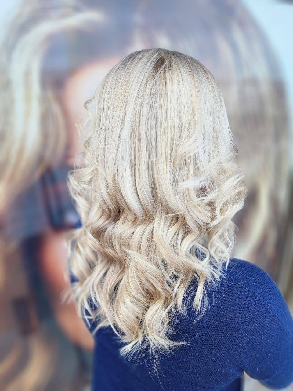Cool icy-blonde curls, back view — Belle Vee, George