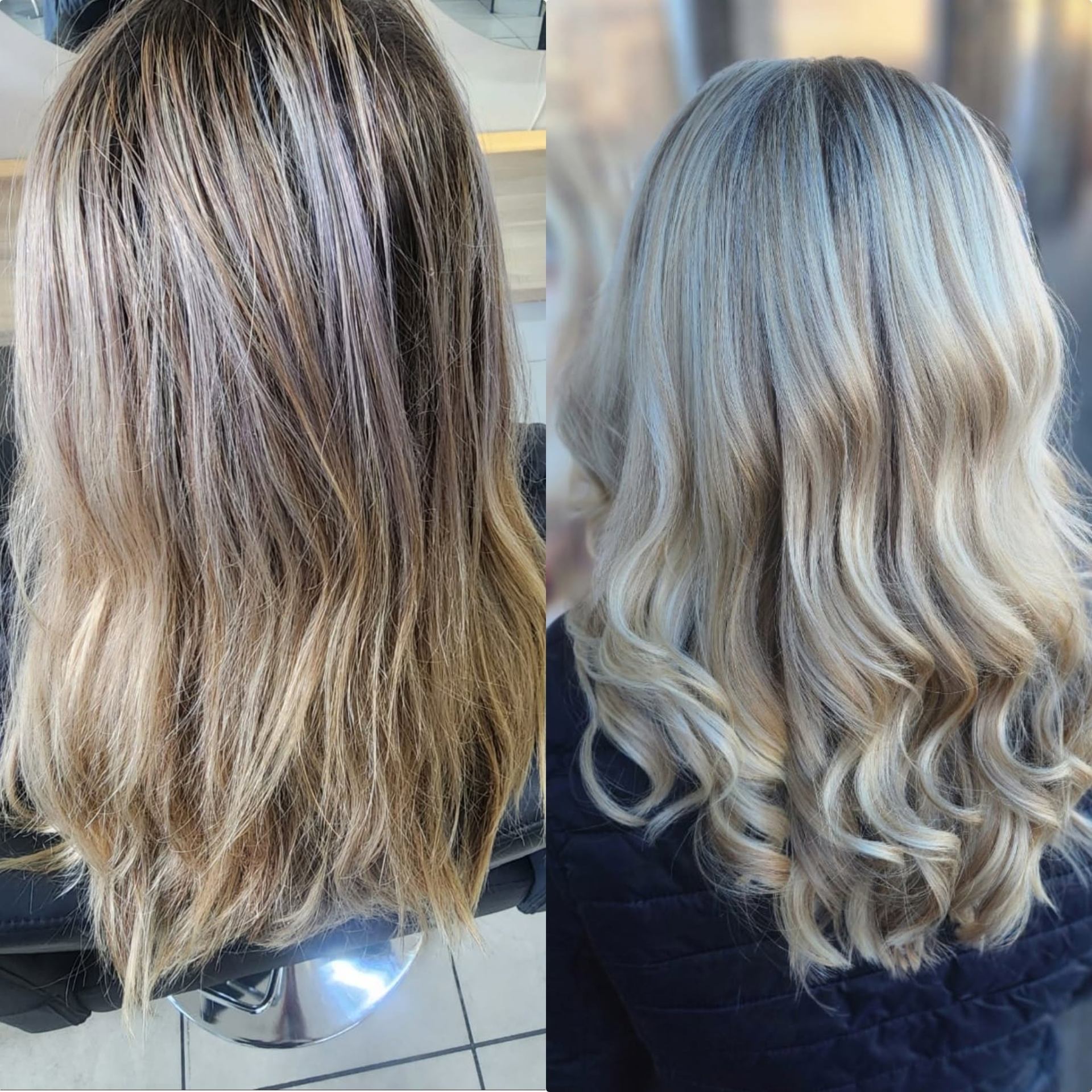Before and after: brassy blonde corrected to bright icy-blonde curls — Belle Vee, George